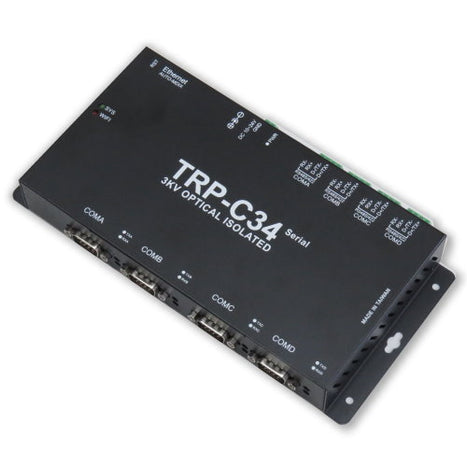 Trycom TRP-C34R, TRP-C34R. TRP-C34R 4 RS232/422/485 Serial Server provides a transparent way of connecting Serial devices over Ethernet. It can transmit data between the Serial and Ethernet interfaces bi-directionally. To establish automatic or remote data acquisition. By specifying the IP address and the TCP Port number, a host computer can access different Serial Devices such as Serial Modems, Serial Thermometers, Magnetic Card Readers, Barcode Scanners, Data Acquisition Systems, POS Terminals, Industrial PCs etc., over the Network, you can centralize Serial Device management and distribute the management to different hosts at the same time. TRP-C34R Serial Server makes possible to access distant Serial Devices over Network as if they were directly connected to the Standard COM Port of a Personal Computer.