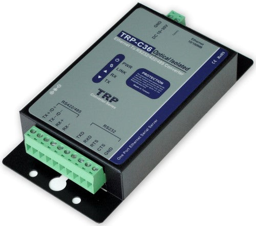 Trycom TRP-C36, TRP-C36. TRP-C36, a high speed, single-port serial device, is designed to instantly convert data from RS-232/422/485 interfaces to an Ethernet network running at the TCP/IP, UDP protocol. By using a standard COM port and existing network infrastructure the device allow you to link together a distant RS-232/422/485 serial device