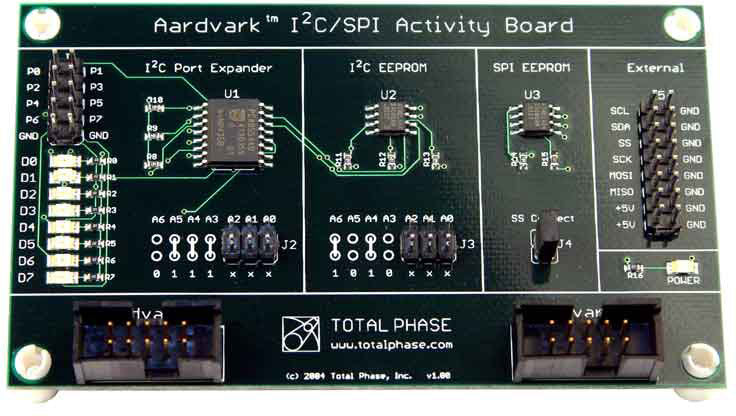 Total Phase I2C/SPI Activity Board, TP240310. This board is a great sanity check for the expert developer. Debugging a system against working slave devices can help differentiate between hardware and software bugs. The activity board is also useful to establish a baseline for software usage.