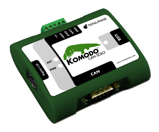 Total Phase Komodo CAN Solo, . The Komodo CAN Solo Interface is a powerful USB-to-CAN adapter and analyzer. The Komodo interface is an all-in-one tool capable of active CAN data transmission as well as non-intrusive CAN bus monitoring. The portable and durable Komodo interface easily integrates into end-user systems. It provides a flexible and scalable solution for a variety of applications including automotive, military, industrial, medical, and more.