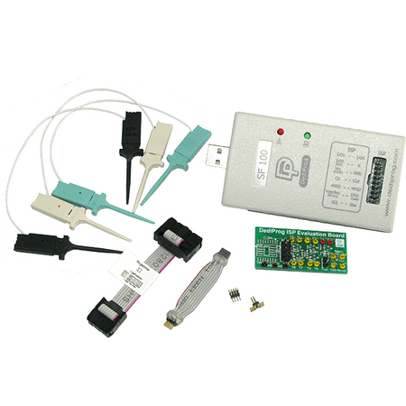 Dediprog SF100 ISP Evaluation Kit, ISP-Eval-01. Update your SPI Flash soldered on your application board by using SF100 and SF100+. When connected to the application board, the SF100 programmer can control the SPI bus to read or update the Serial Flash content in a very short time.