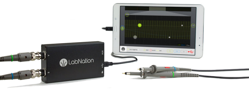 LabNation SmartScope, smartscope. New generation mobile oscilloscope. Runs on all major platforms including Windows, OS X, Linux, Android and iOS. Aluminium casing complete with digital and analog probes. Runs on tablets, laptops and smartphones.