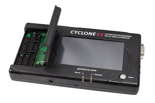 PEmicro Cyclone FX, CYCLONE-FX-UNIV. The Cyclone FX is PEmicro&#39;s most advanced in-circuit, stand-alone flash programmer which will in-circuit program, debug and test MCU devices either in a stand-alone mode or controlled from a PC. The FX offers a range of enhancements to the popular Cyclone LC programmer, including faster communication speed, more and expandable storage and additional security and encryption options. Programming may be launched by a single button press without a host PC or automatically from a PC via the automated control SDK. The Cyclone may also be used as a debug probe during development.
