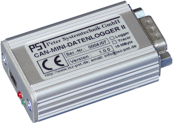 PST CAN MINI Data Logger II, CAN-MDL II. The CAN MINI Data Logger II is an autonomous, extremely rugged, freely configurable data logger and data tracer for offline logging and online visualization of data traffic in CAN systems up to 1MBaud.