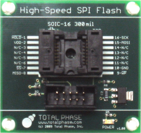 Total Phase Flash SOIC-16 Socket Board-10/34, TP282410. The Flash SOIC-16 Socket Board provides embedded systems engineers with an easy and cost-effective method of programming SPI-based Serial Flash chips using Total Phase&#39;s Cheetah SPI Host Adapter and the Flash Center Software.