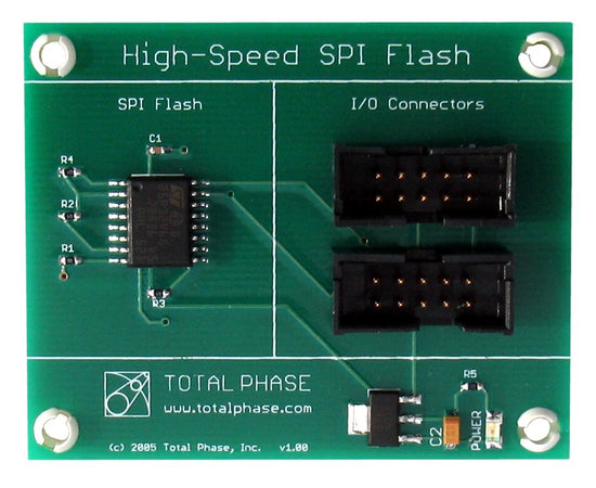 Total Phase High-Speed SPI Flash Demo Board, TP280210. The High-Speed SPI Flash Demo Board is a useful tool for developers working with high-speed SPI flash memory. This board comes with a known good slave memory device that is capable of communicating at 50 MHz.