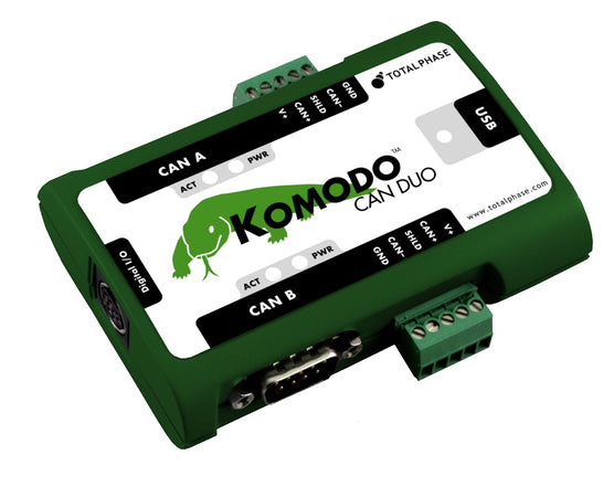 Total Phase Komodo CAN Duo, TP360110. The Komodo interface is an all-in-one tool capable of active CAN data transmission as well as non-intrusive CAN bus monitoring. The portable and durable Komodo interface easily integrates into end-user systems. It provides a flexible and scalable solution for a variety of applications including automotive, military, industrial, medical, and more.