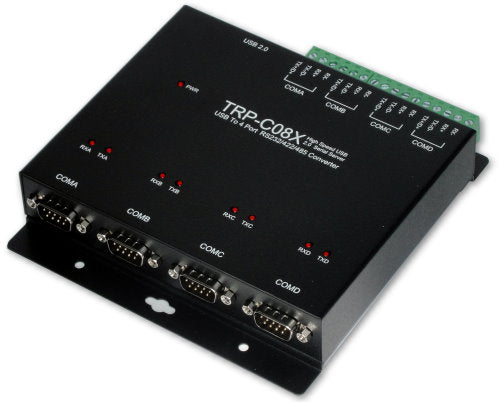 Trycom TRP-C08X, TRP-C08X. The TRP-C08X is USB 2.0 to Serials Bridge that has four DB-9 RS232 male connectors and 16 PIN screw terminal for RS422/485. The DB-9 pin serial port is configured as a DTE (data terminal equipment) device which is same as all PC COM ports. The RS422/485 with Auto configuration in data format, baud rate and RS485 data flow direction control.