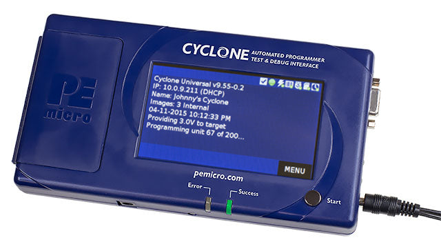 PEmicro Cyclone LC, CYCLONE-LC-UNIV. Cyclone programmers are powerful tools to in-circuit program, debug, and test MCU devices either in a stand alone mode or controlled from a PC. The programmers are reliable, easy to configure, and extremely simple to operate.
