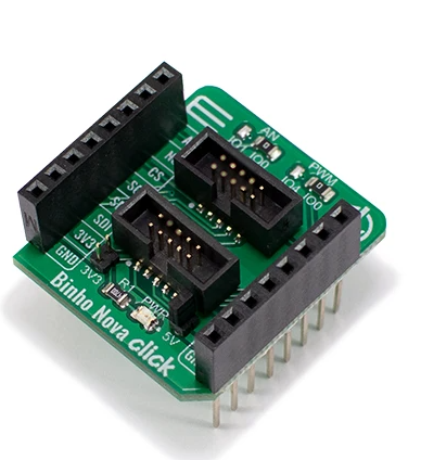 Binho Nova Click is an adapter click board that can be used as a multi-protocol adapter. This board features two female 1.27mm 2x5 connectors suitable for connecting the Binho Nova Multi-Protocol USB Host Adapter depending on the desired interface. This click board is designed for ultimate flexibility and provides the ability to use this adapter with different communication protocols, such as I2C, SPI, or UART., BIN907
